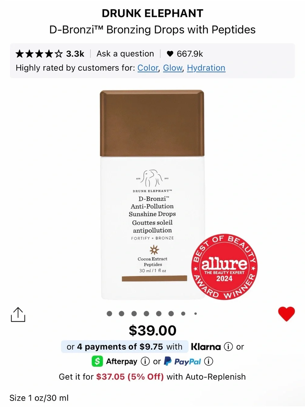 ‼️BRAND NEW W BOX Drunk Elephant D-Bronzi Anti-Pollution Serum Drops
